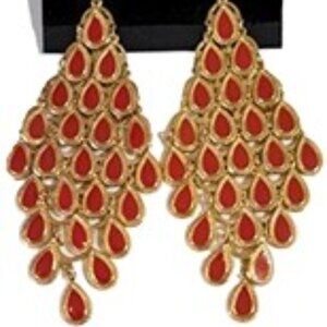 Vtg 70s Red Gold Chandelier Earrings NOS